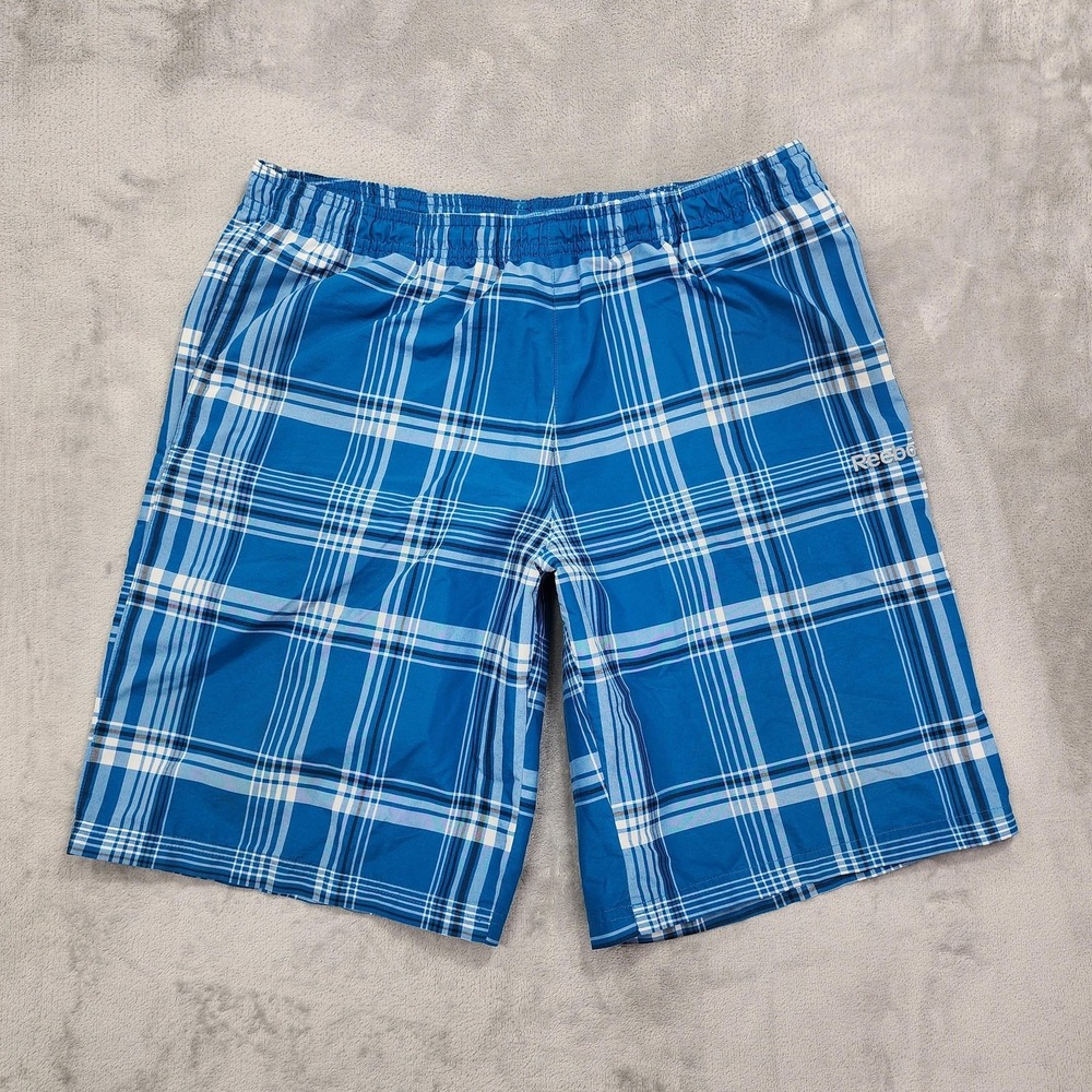 Reebok‎ Shorts Mens L Blue Plaid Bermuda Boardshort Elastic Waist Casual Skater